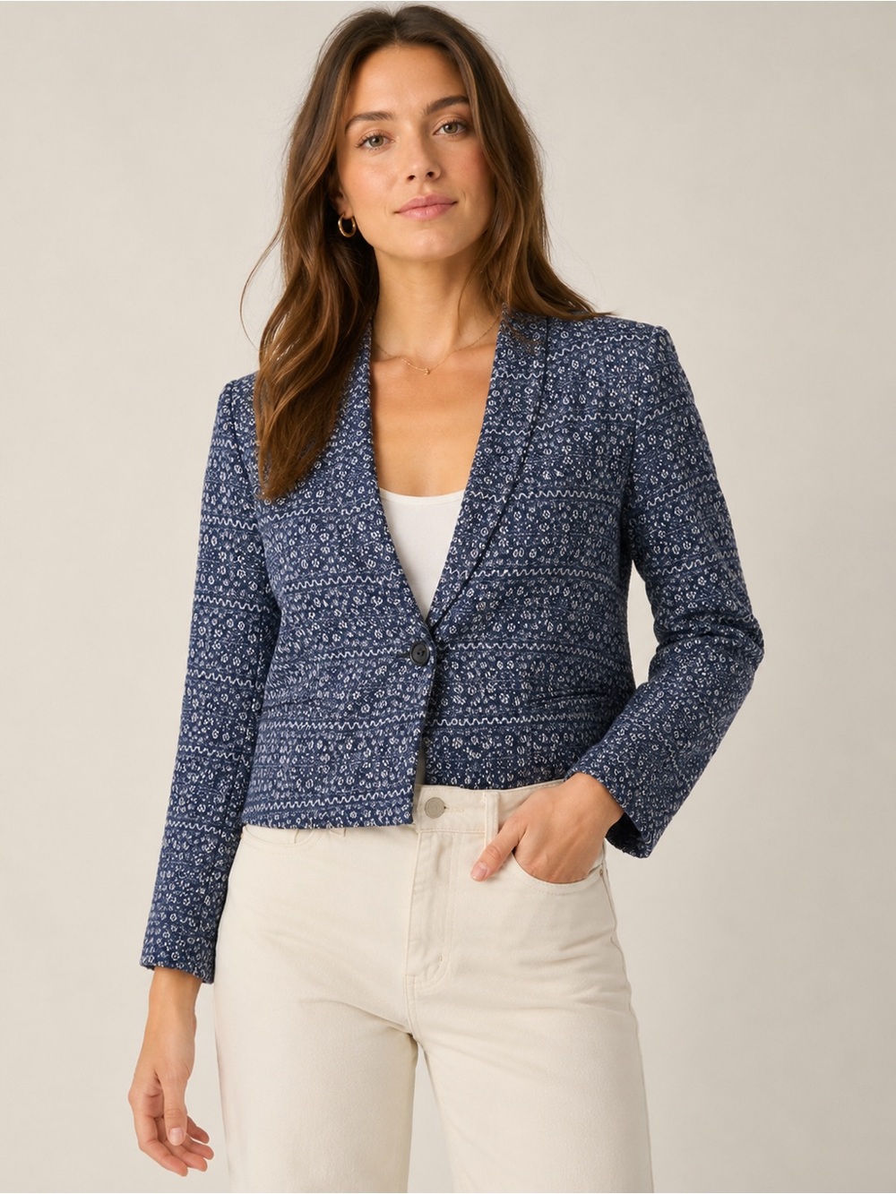 Tweed Jacket Tanya Taylor Size 10 Textured Blue White Blazer Silk Lining